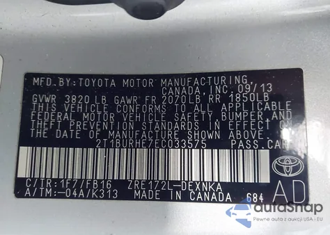 2014 Toyota Corolla Le z USA, uszkodzony, nr VIN 2T1BURHE7EC033575